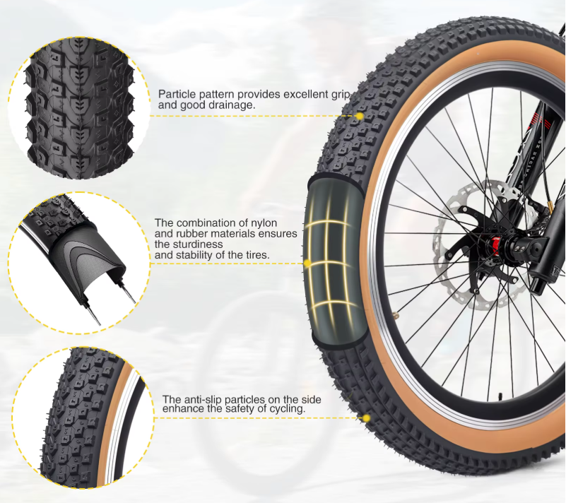 Foldable bike tire with nylon and rubber construction, featuring anti-slip particle tread for strong grip, good drainage, and enhanced stability; suitable for mountain bikes, regular bicycles, and electric bikes for safer cycling on multiple terrains. 🚴
