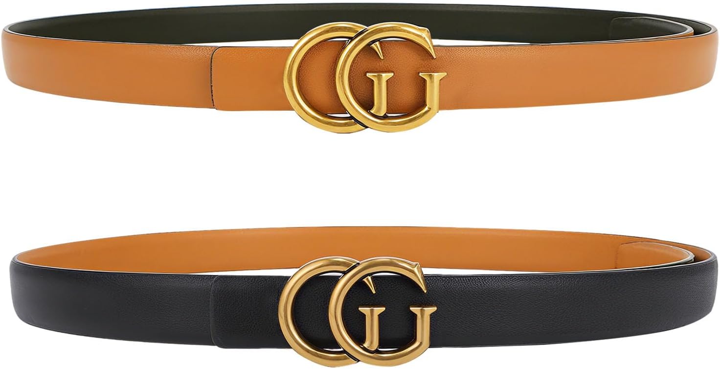 OXSLEN Women Reversible Leather Belt with Fashion G Gold Buckle for Dresses, Jeans, and Coats,width 0.9