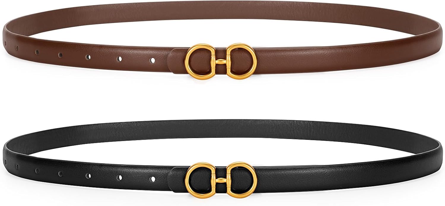 CESCOSI Women Skinny Leather Belts Ladies 2 Pack Thin Waist Belts with Gold Buckle for Dresses 0.7 Width