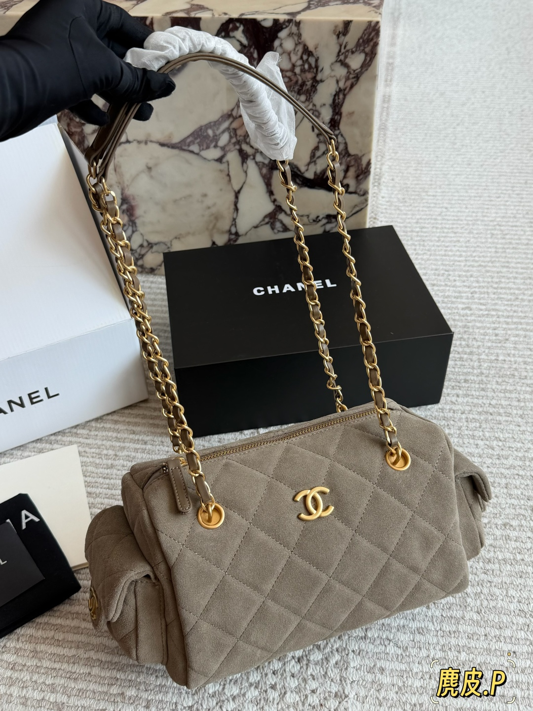 Chanel Taupe Suede Quilted Camera Bag with Gold-Tone Hardware (Replica)