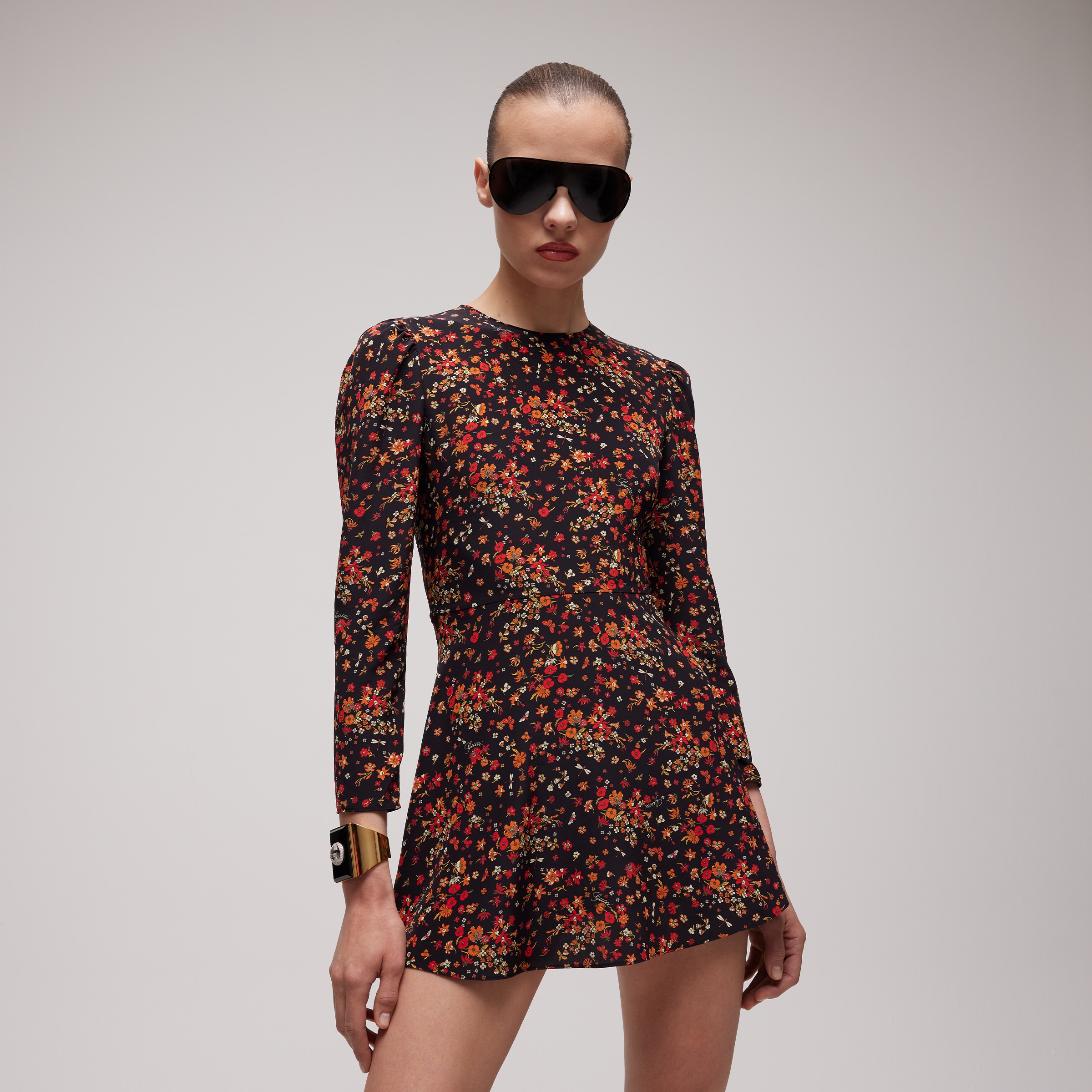 Gucci black Clothing GUCCI Printed Silk Dress in black and red #390361 View 2 | Nigo Office