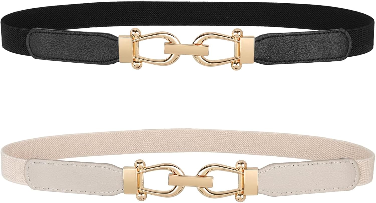 JASGOOD Women Skinny Elastic Belt for Dresses,Thin Retro Stretch Waist Belt with Golden Buckle