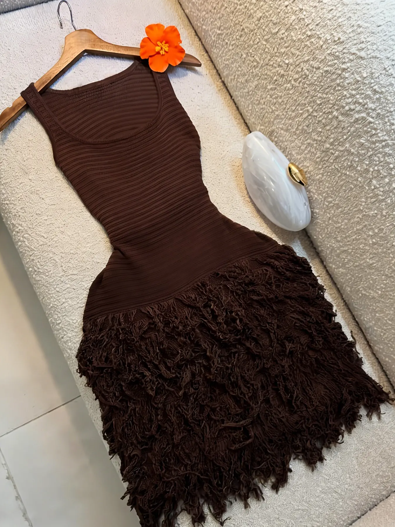 Elegant Knitted Bodycon Dress, Summer Vacation Fringe Skirt