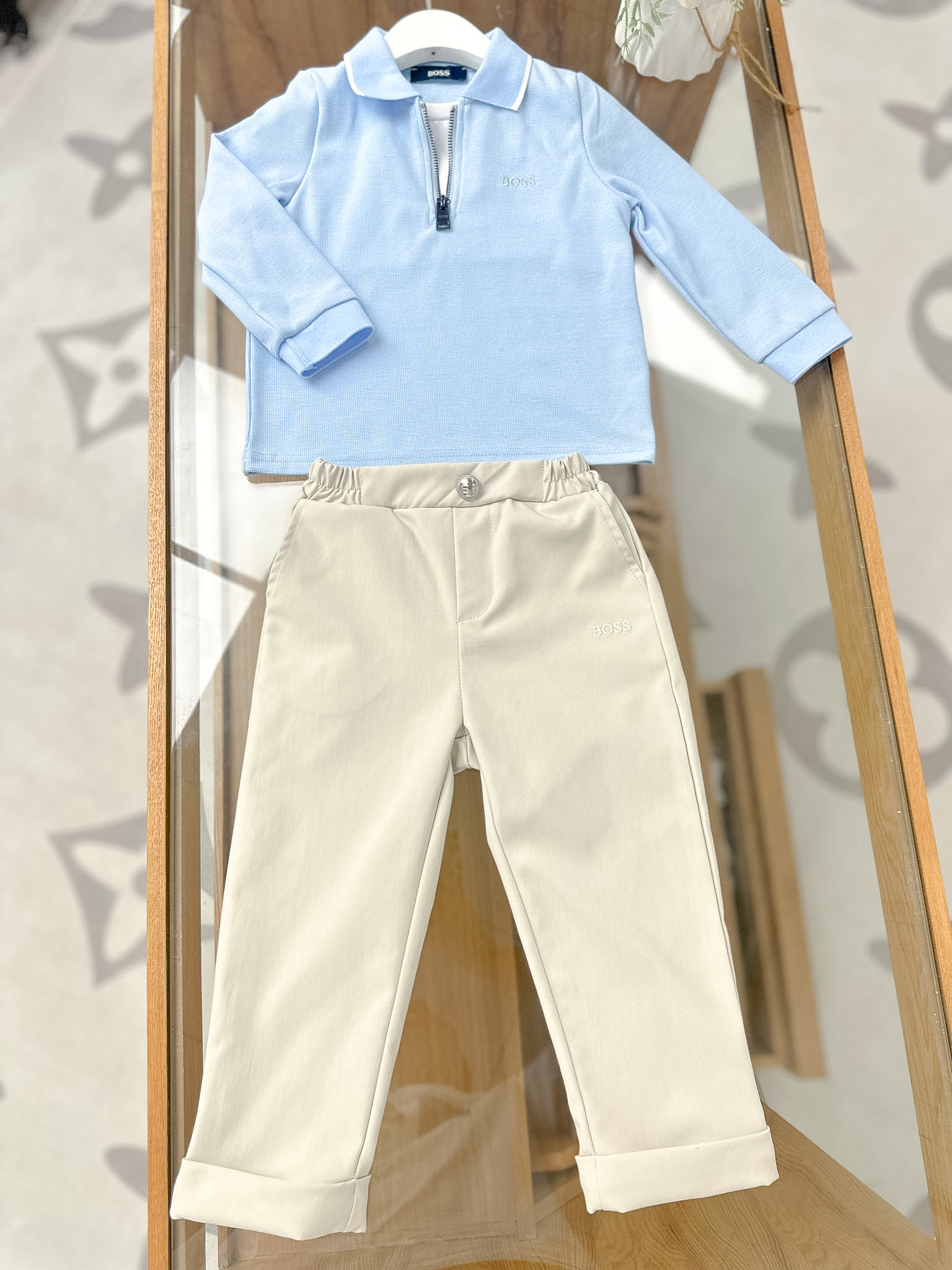 Boss Boys 2026 Autumn Two Piece Outfit Light Blue Half Zip Lapel Polo Top Beige Cuffed Casual Pants Soft Skin-Friendly Kids Matching Set Size 90-150