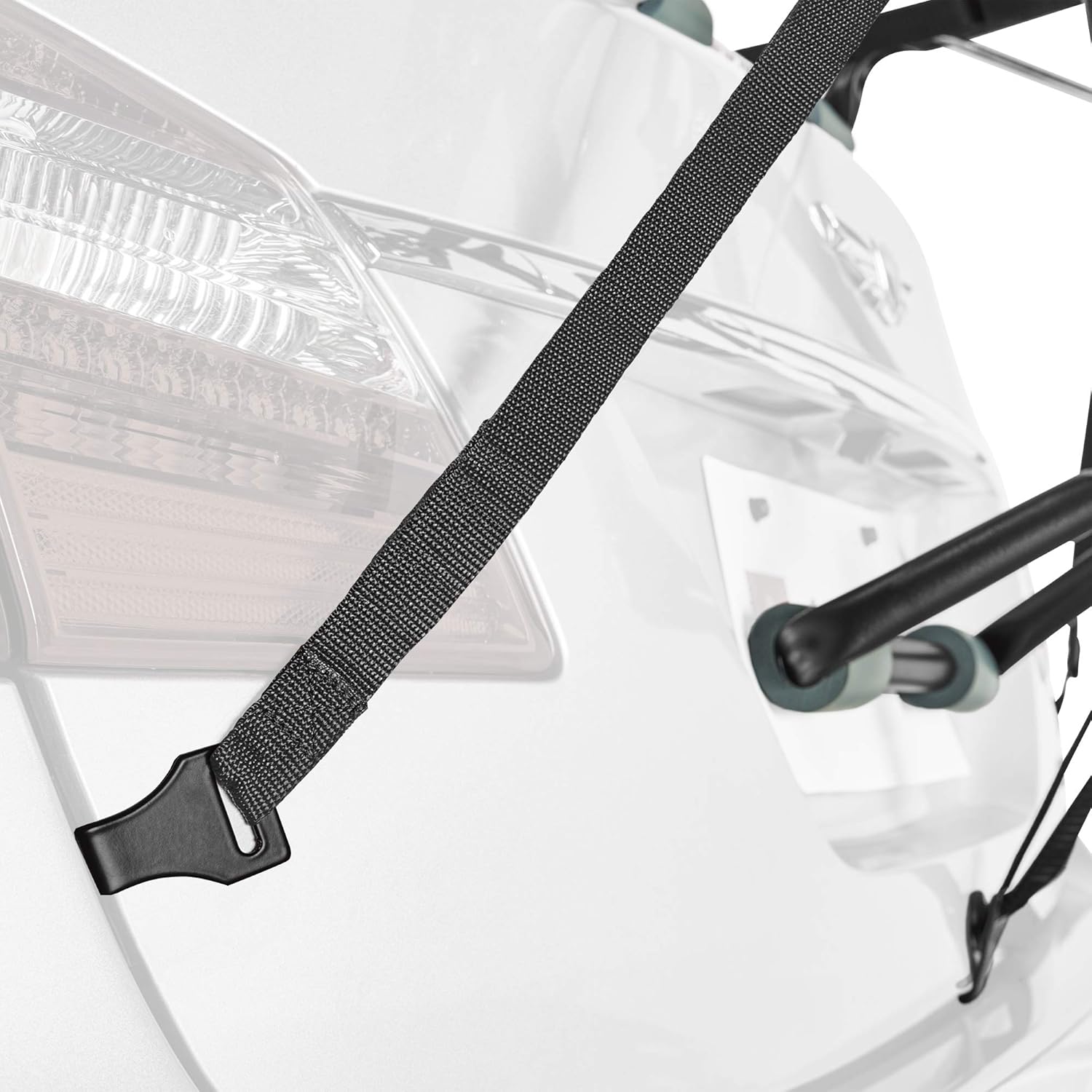 Close-up of adjustable securing strap used to attach the trunk bike rack firmly to a vehicle.
