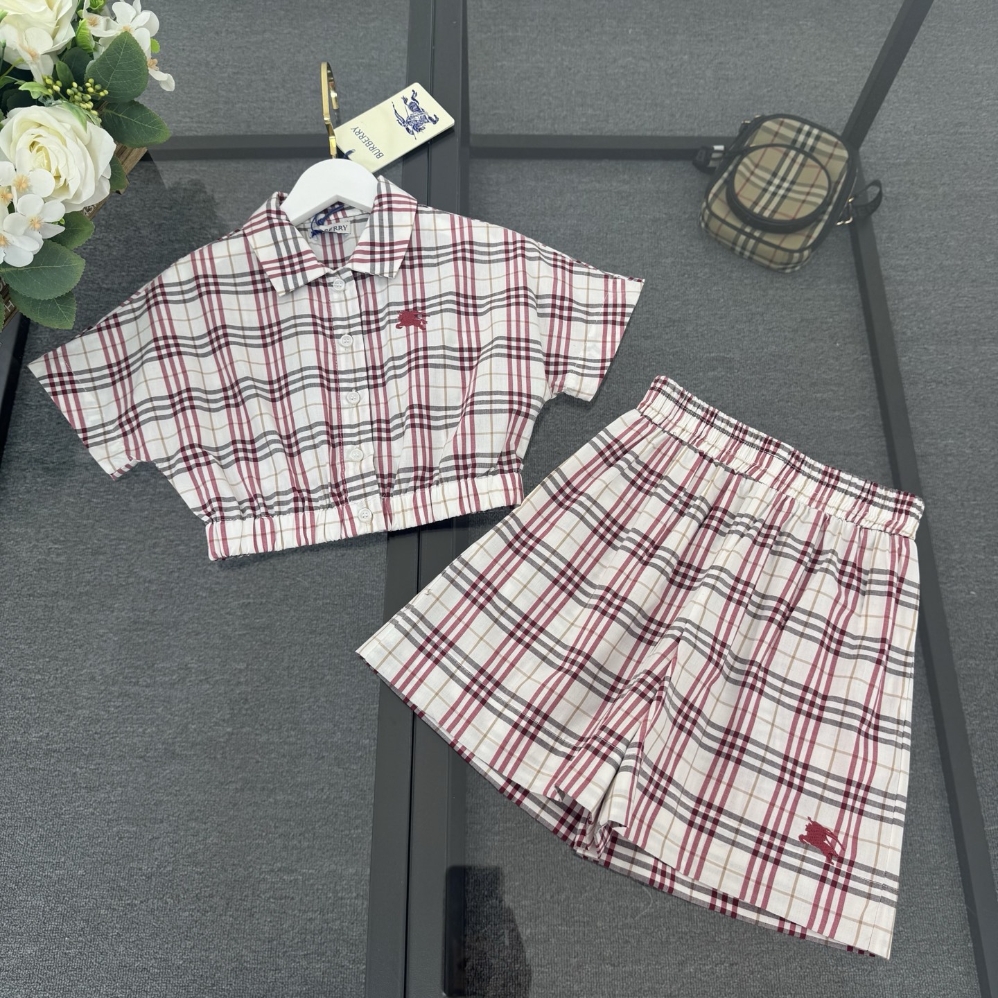 Burberry Girls Vintage Pink Plaid Cropped Short Sleeve Shirt & Elastic Waist Wide Leg Shorts Two Piece Matching Set Kids Sizes 110-170