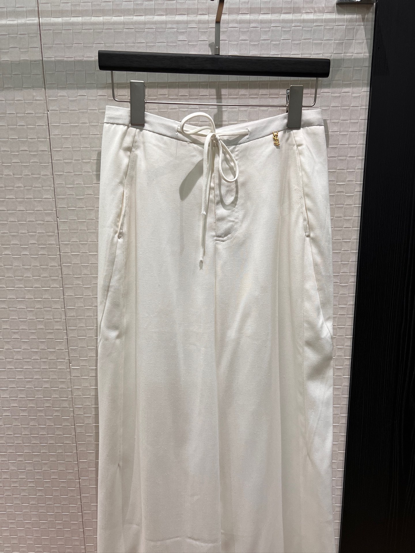 [TOP] Yves Saint Laurent YSL Lace-up Minimalist Linen Wide-leg Pants - White
