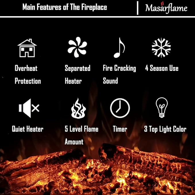 Masarflame 43'' Electric Fireplace Insert, Retro Recessed Fireplace Heater with Fire Cracking Sound, Remote Control & Timer, 750/1500W
