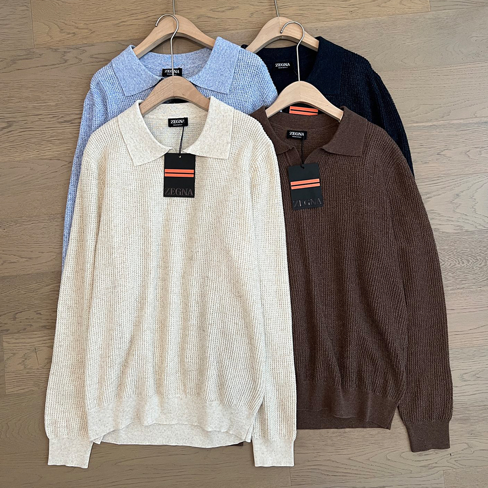 Designer Clothing Zegna Waffle Long Sleeve Polo #395738 | Nigo Office
