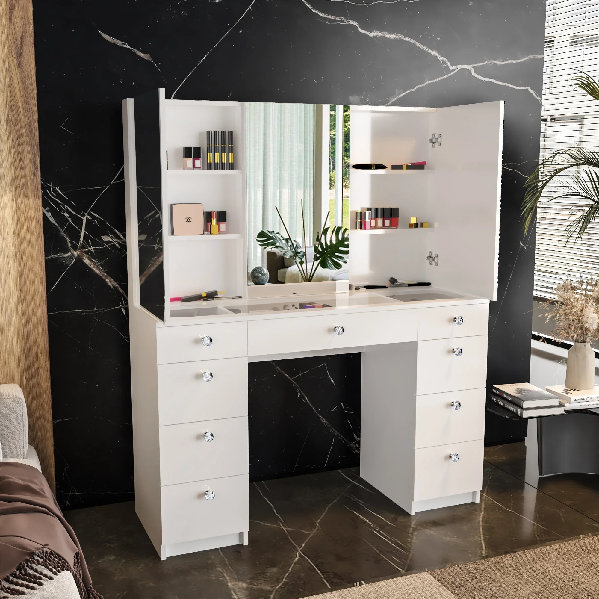 Ember Interiors Modern Vanity Table, 9 Drawers Cabinet Mirrors Crystal Knobs White for Bedroom