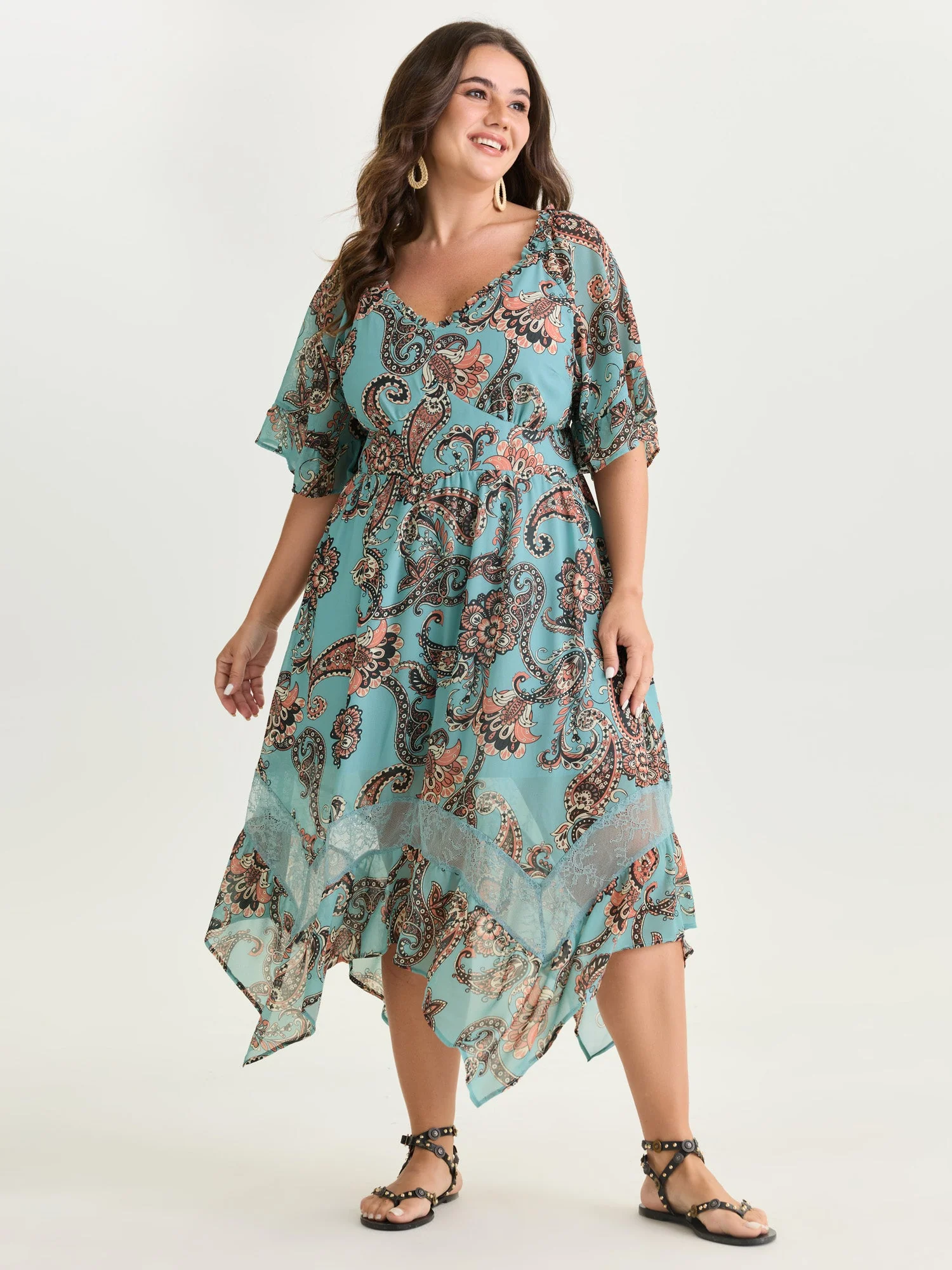 Floral Paisley Print High Low Hem Midi Dress