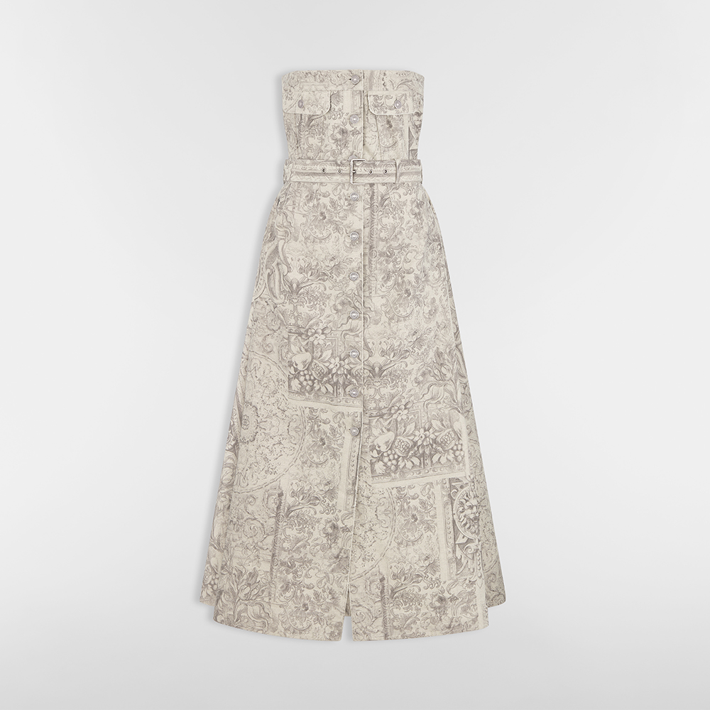 DIOR Mid-Length Belted Bustier Dress Beige Dior Barocco Cotton-Linen Denim #383696