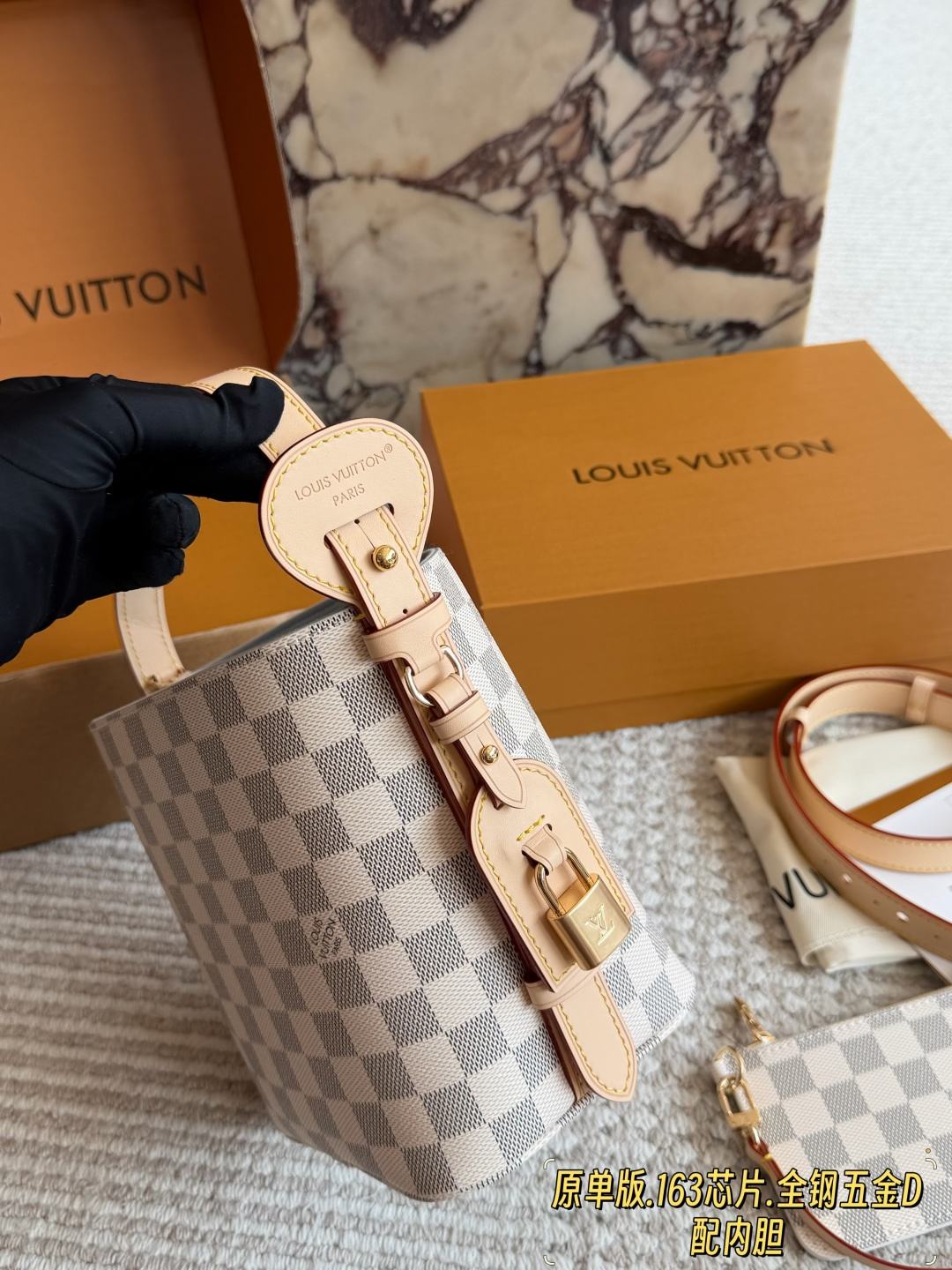 Louis Vuitton LV All In BB White Checkered Canvas Tote Bag with Leather Trim (Replica)