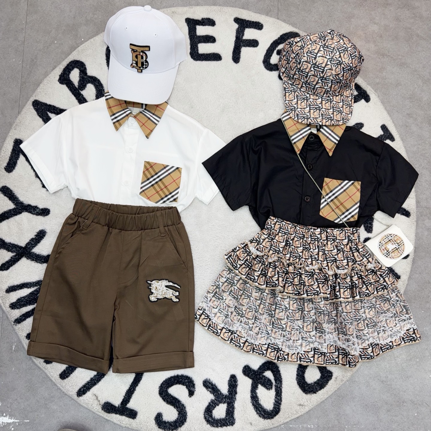 Burberry Sibling Matching Short Sleeve Shirt Skirt & Shorts Two Piece Set Boys Girls Multiple Styles Sizes 90-160