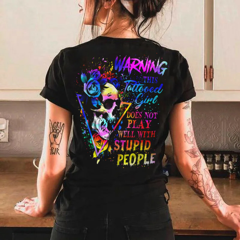 Warning This Tattooed Girl Colorful Skull  Print Women's T-Shirt