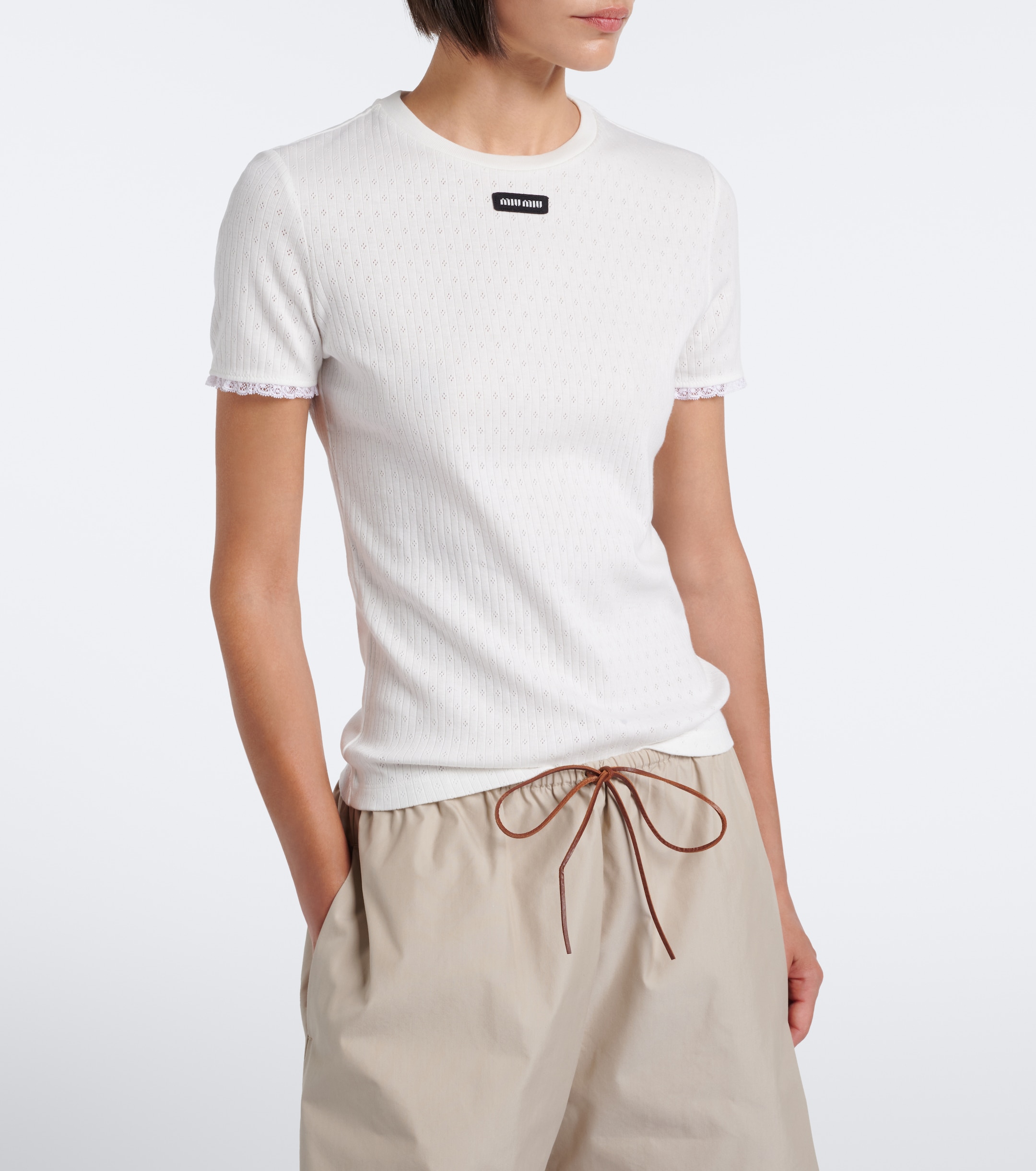 Designer white Clothing MiuMiu Pointelle cotton T-shirt in White #393839 View 2 | Nigo Office