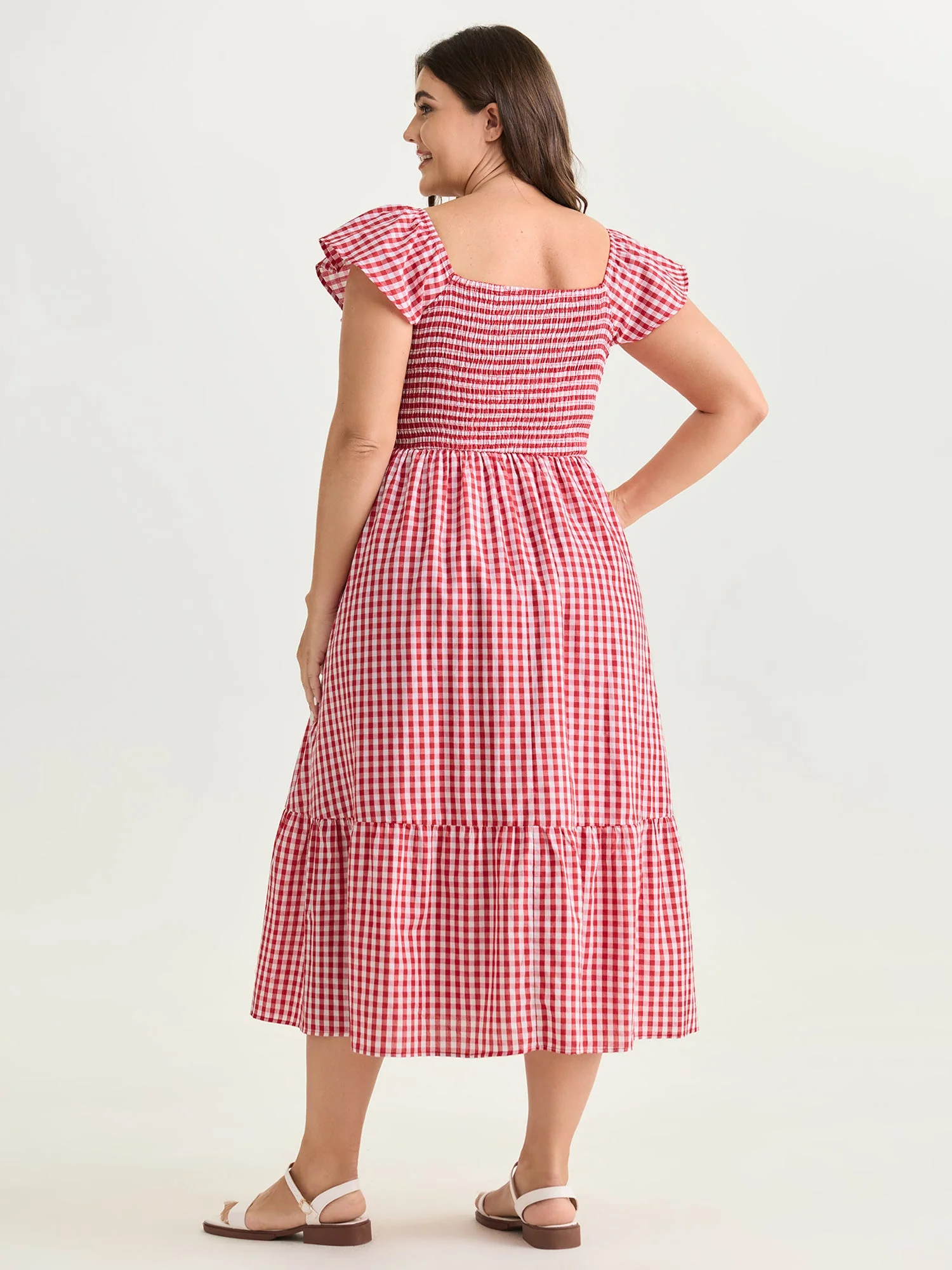 Cotton Gingham Print Shirred Bodice Midi Dress