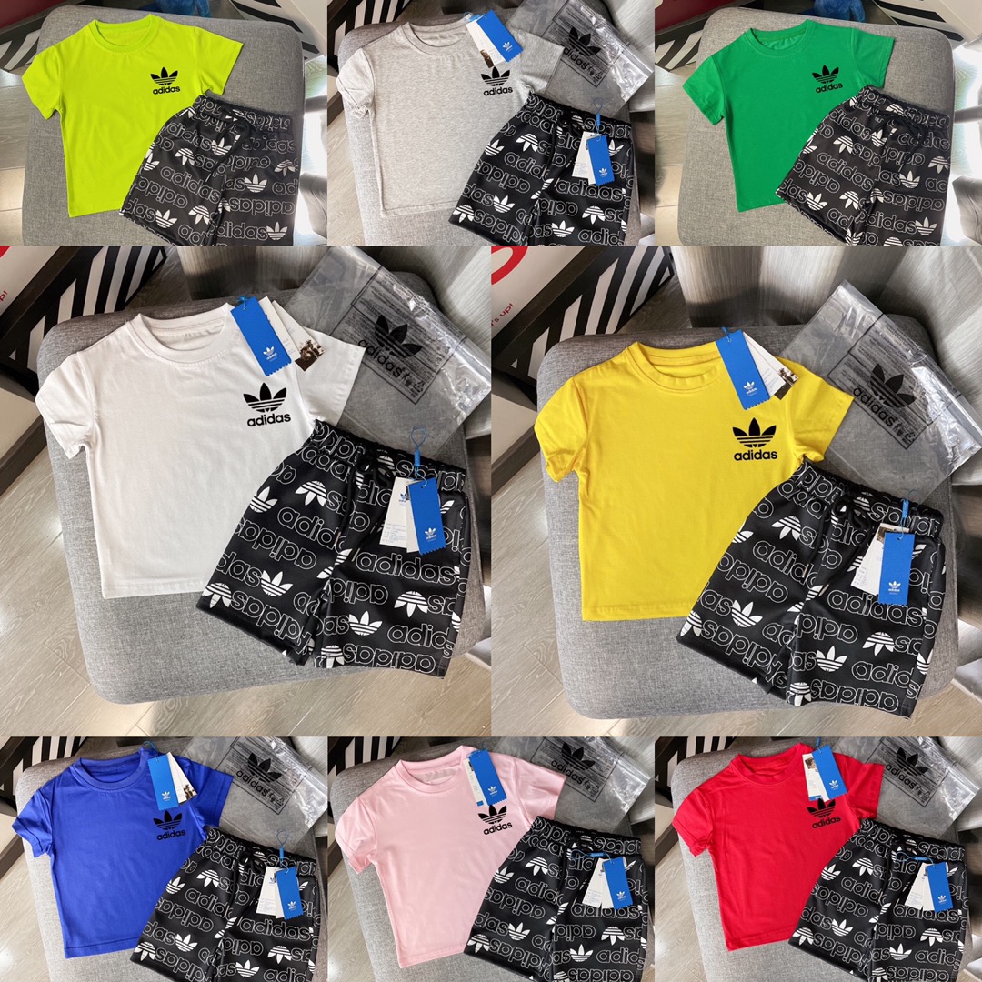 Adidas Kids 2Pcs Chest Small Trefoil Tee & All Over Logo Print Shorts Outfit For Boys Girls Full Original Tags Sizes 90-150