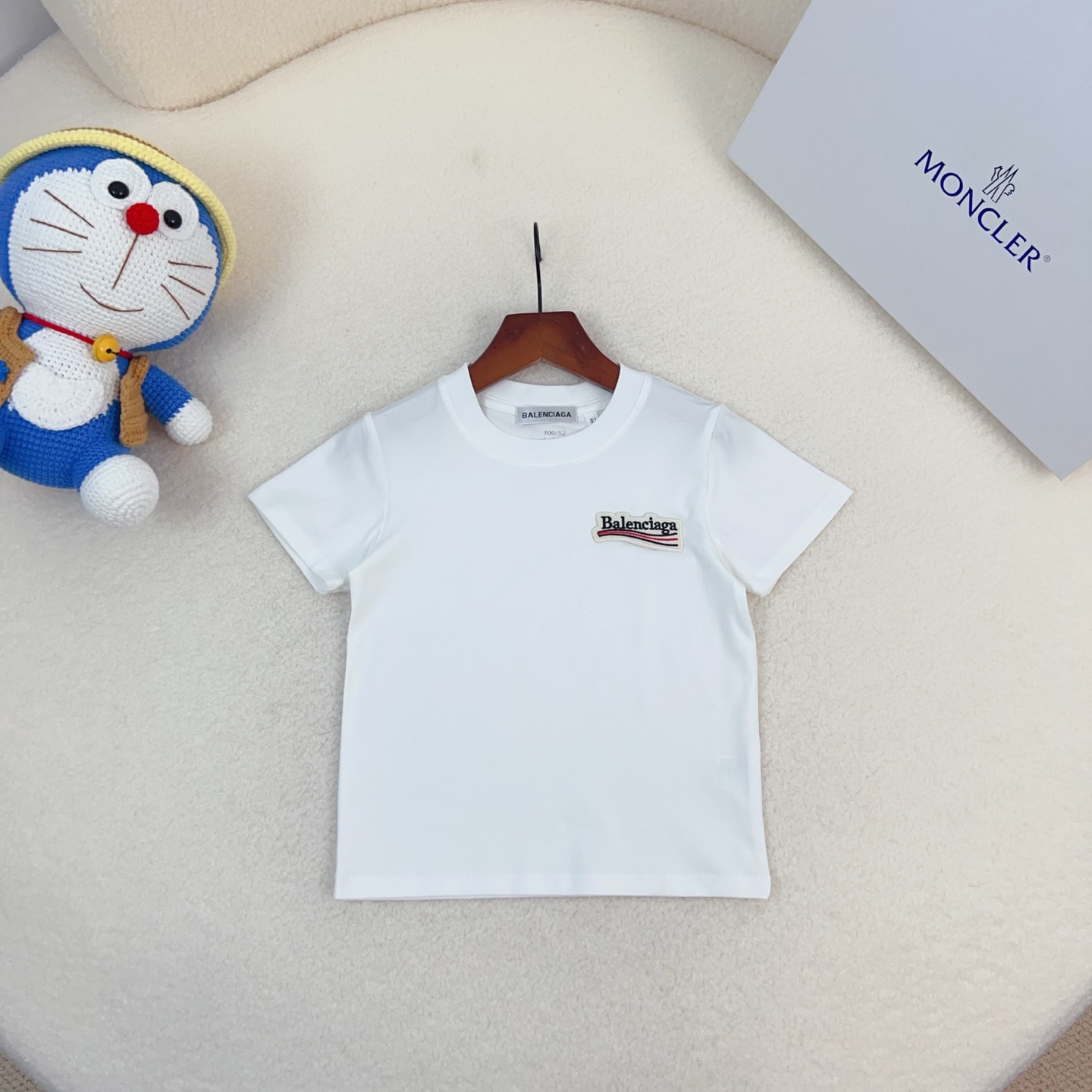 Balenciaga Unisex Kids Woven Patch Logo Crew Neck Short Sleeve T-Shirt Cotton Modal Boys Girls Summer Basic Tee Sizes 90-170