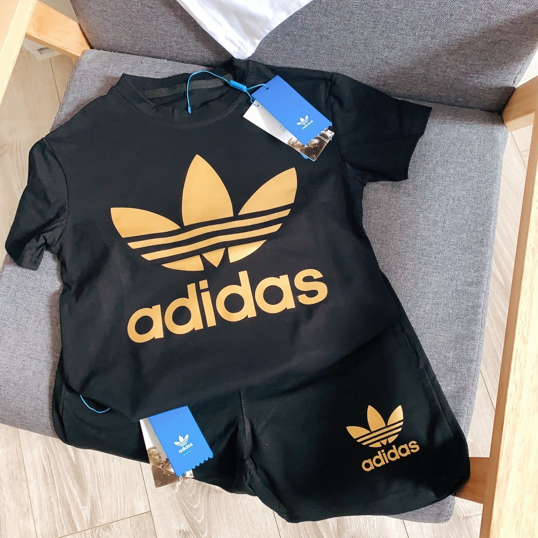 Adidas Kids 2Pcs Gold Foil Big Trefoil Tee & French Terry Shorts Outfit For Boys Girls Full Original Tags Sizes 90-150
