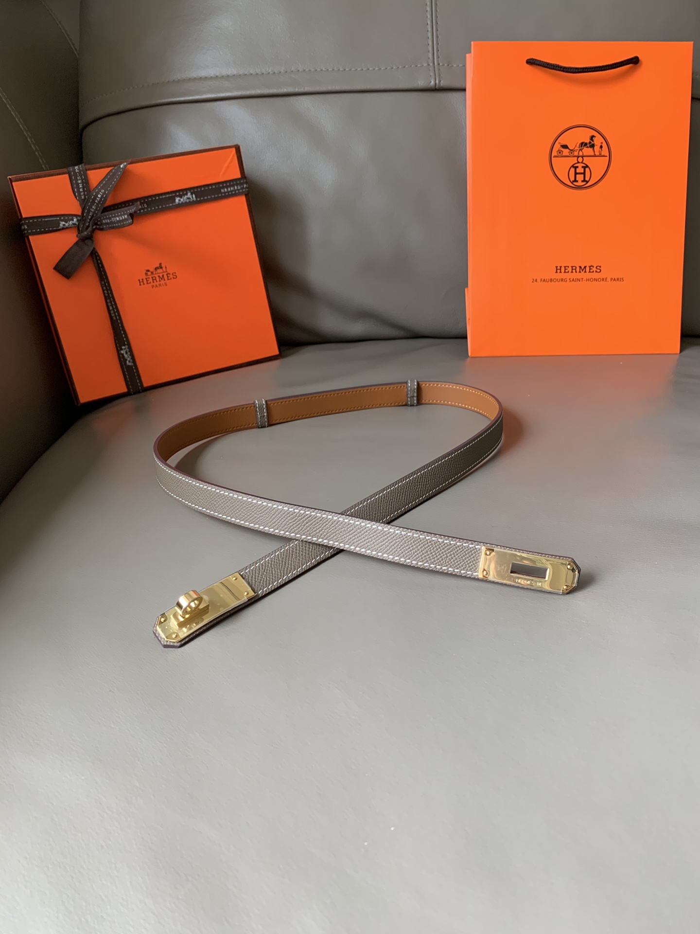 [TOP] HERMES Kelly Calfskin Belt 18mm - Gray - 711 Luxury