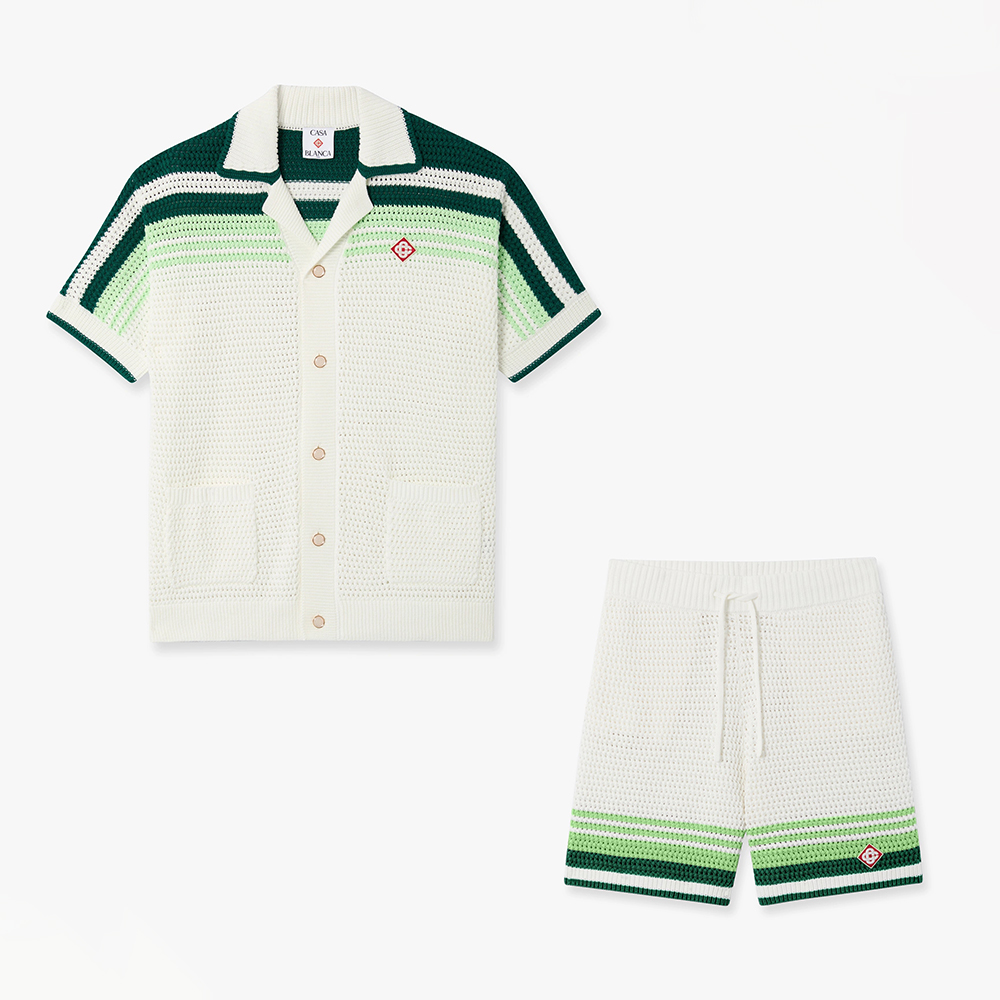 Designer white Clothing Casablanca Green White Tennis Stripe Crochet Short Sleeve Shirt and Shorts #385762 | Nigo Office