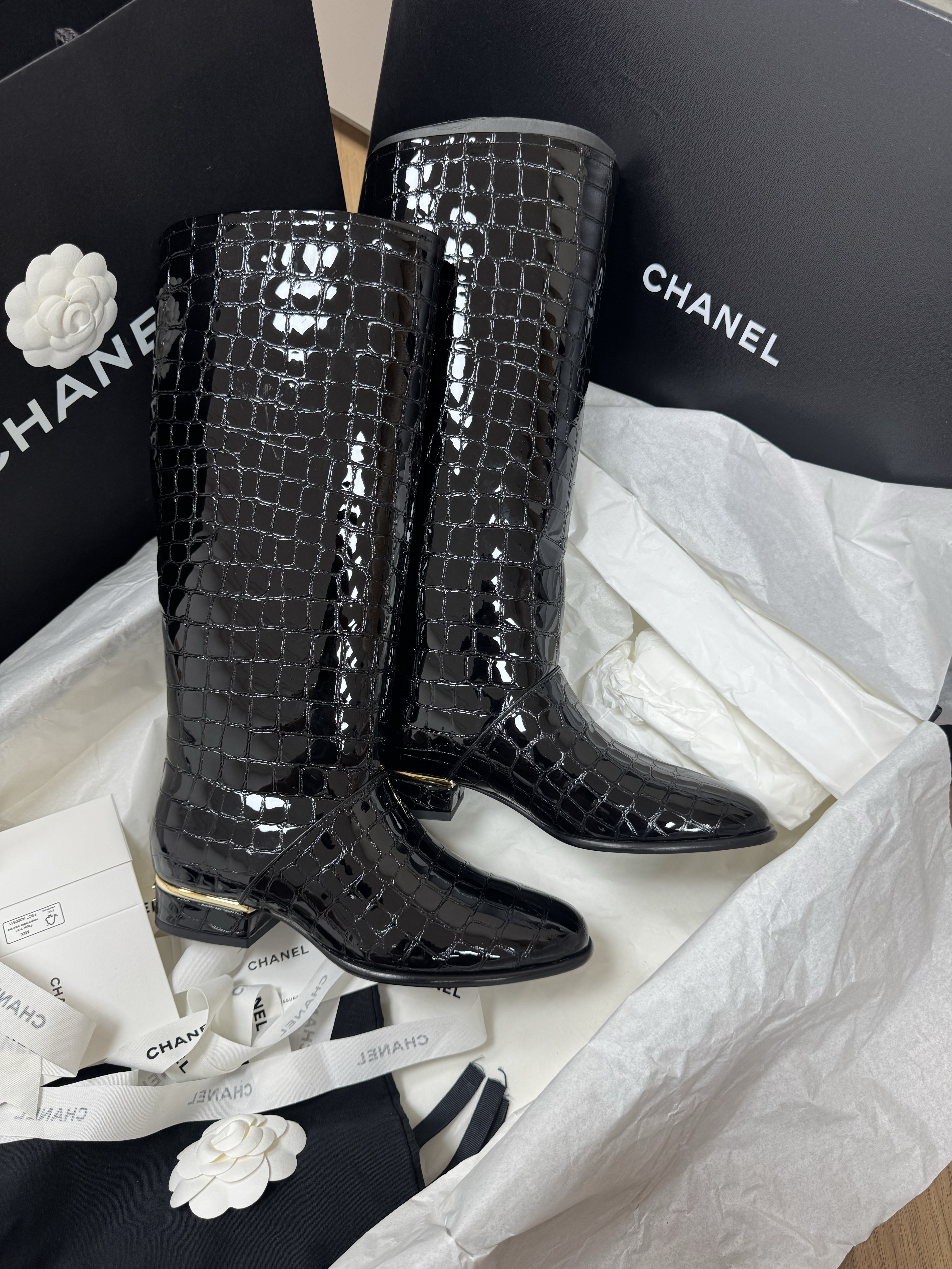 CHANEL High Boots Crocodile Embossed Patent Calfskin Black Red #389472