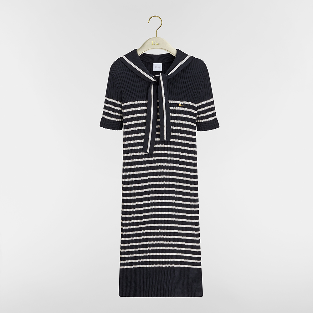 DIOR Dioriviera Dior Marinière Straight Dress with Sailor Collar Navy Blue and White Ribbed Cotton Knit #387480