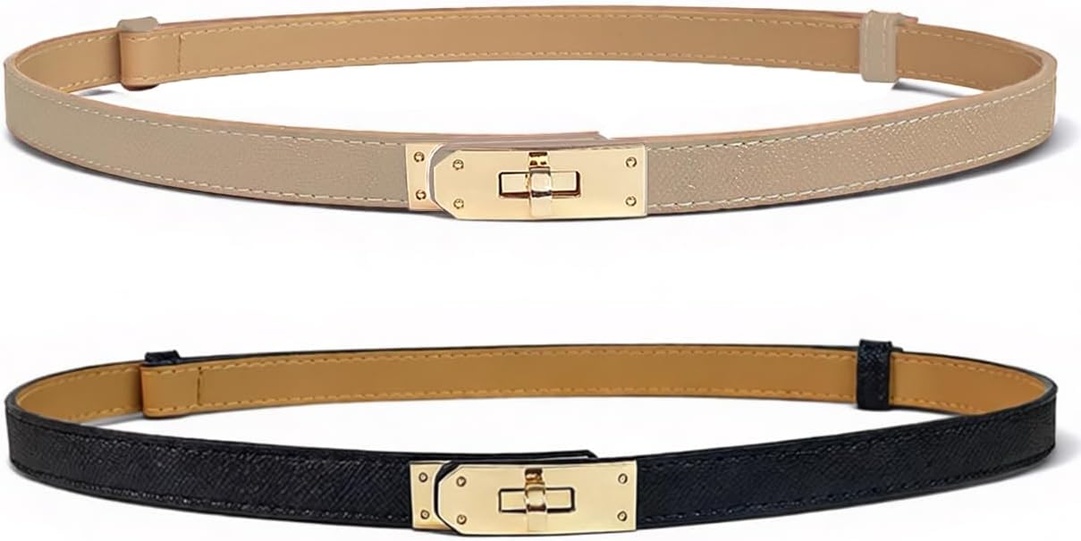 BEMYLV 2 Pack Skinny Belts for Women Dresses Fashion Adjustable Waist Belt for Pants Jeans Business Casual Outfit
