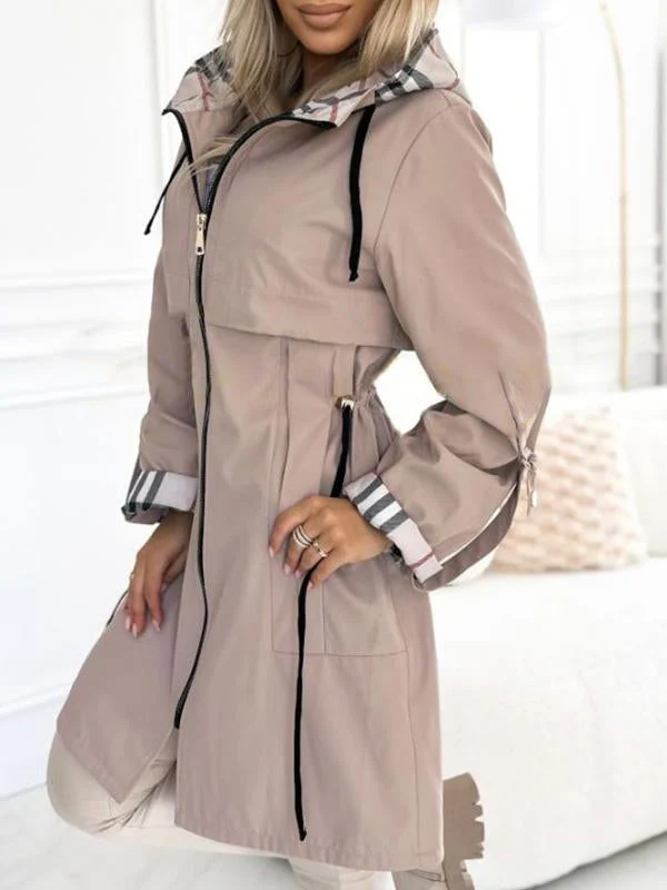 Women's Hooded Zipper Drawstring Plaid Print Casual Long Coat-XS-3XL