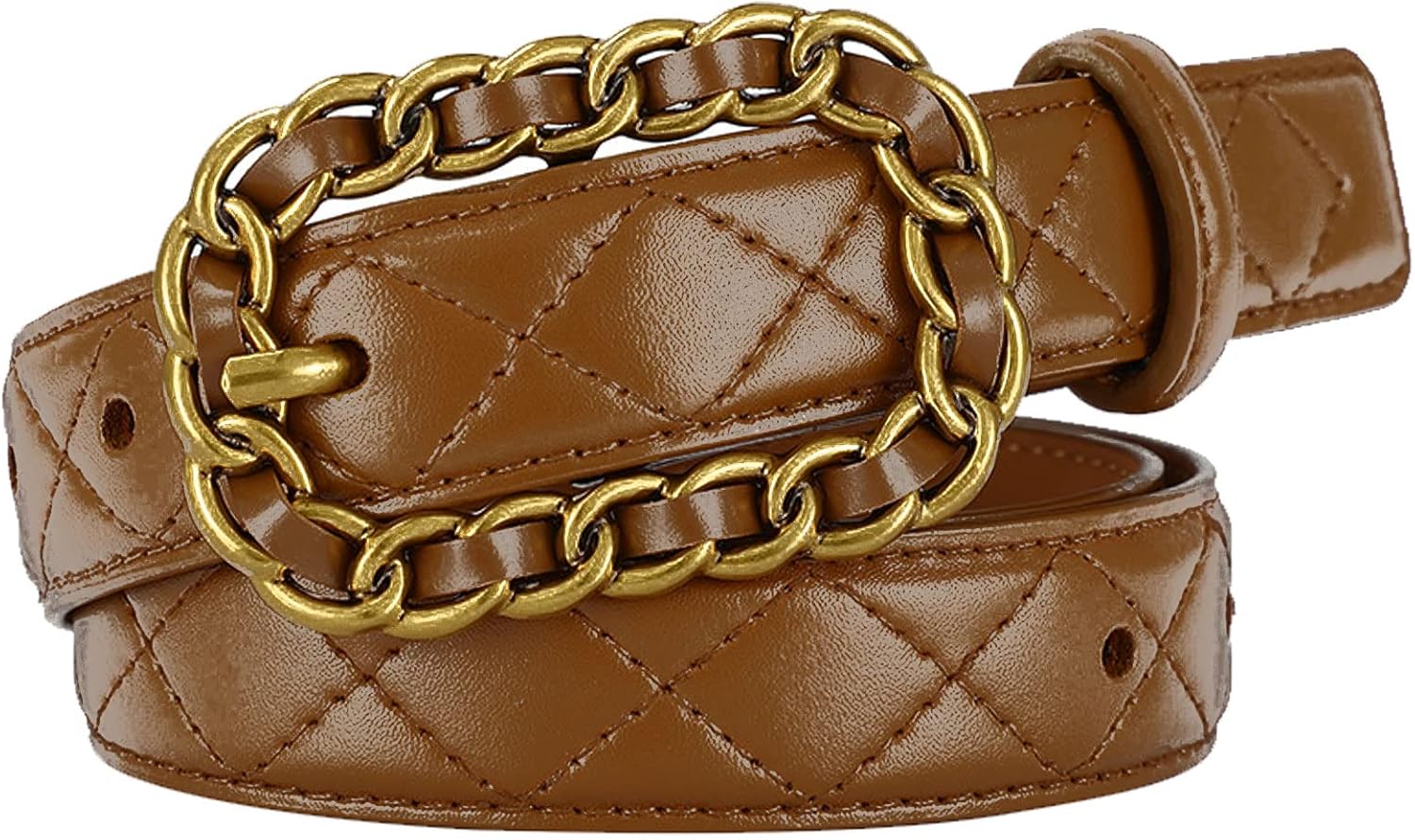 Karoukee Women Fashion Quilted Belt for Dresses Jeans Pants Designer Genuine Leather Ladies Belts with Braided Chain Buckle