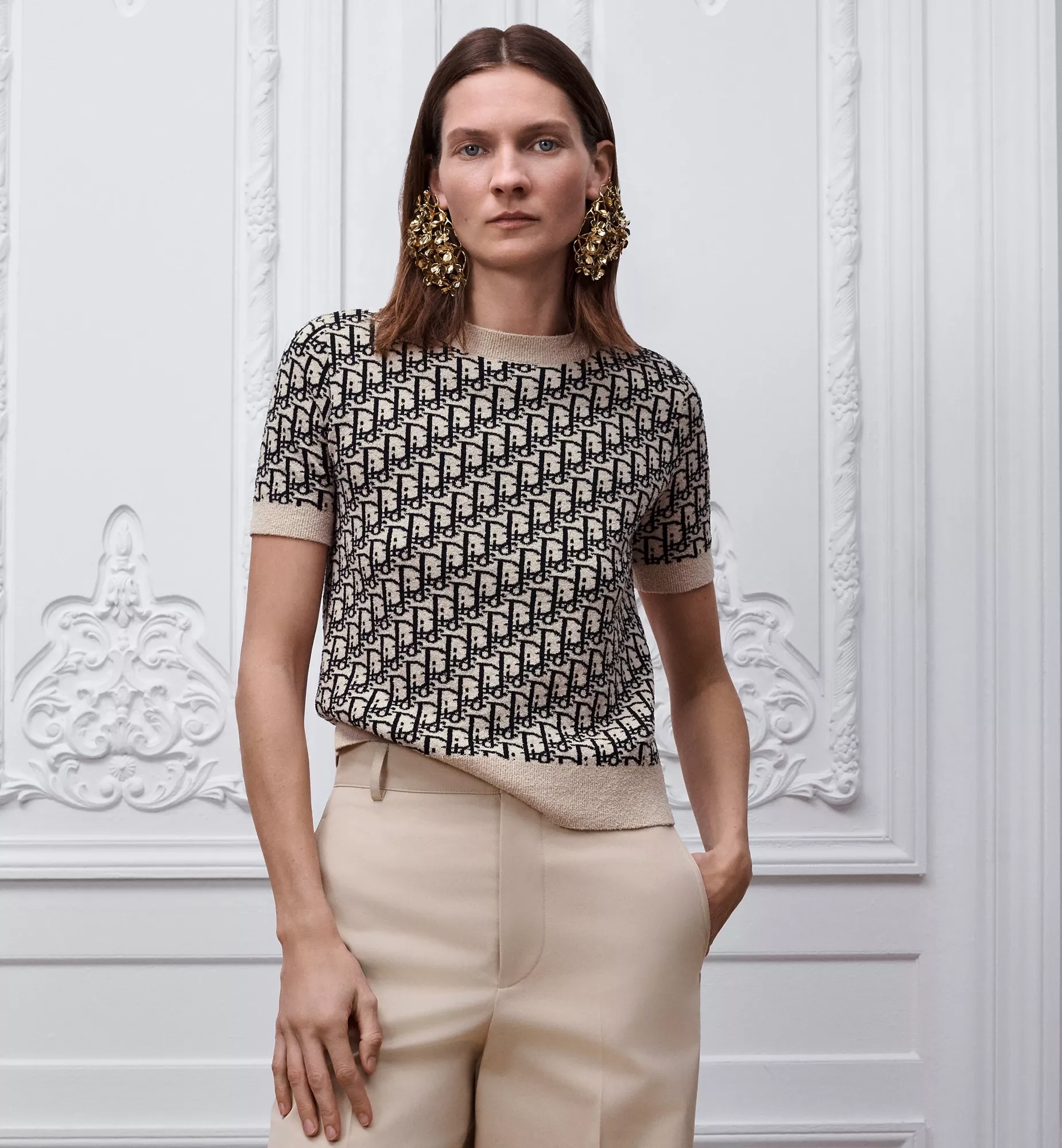 DIOR Top-quality Version Dioriviera Short-sleeved Sweater Beige Soft Dior Oblique Cotton Blend Jacquard #381747