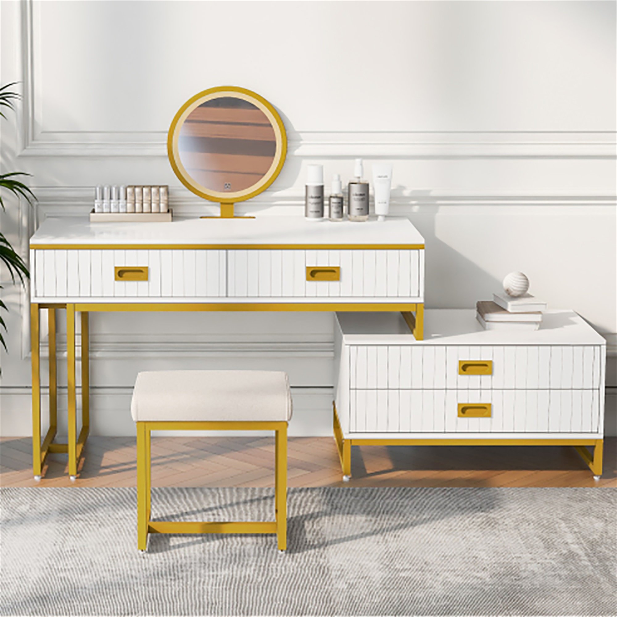 Kadyn Modern Style Vanity Table With Movable Side Cabinet And 4-Drawers, Large Size Dressing Table With Mirror and 3-colors LED Light, Makeup Table With Stool, White, Golden Legs