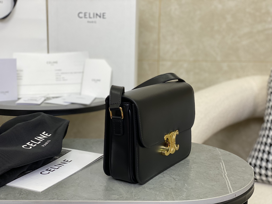 [TOP] CELINE Triomphe Bag Box Leather 22.5x16.5x7.5cm - Black - 711 Luxury