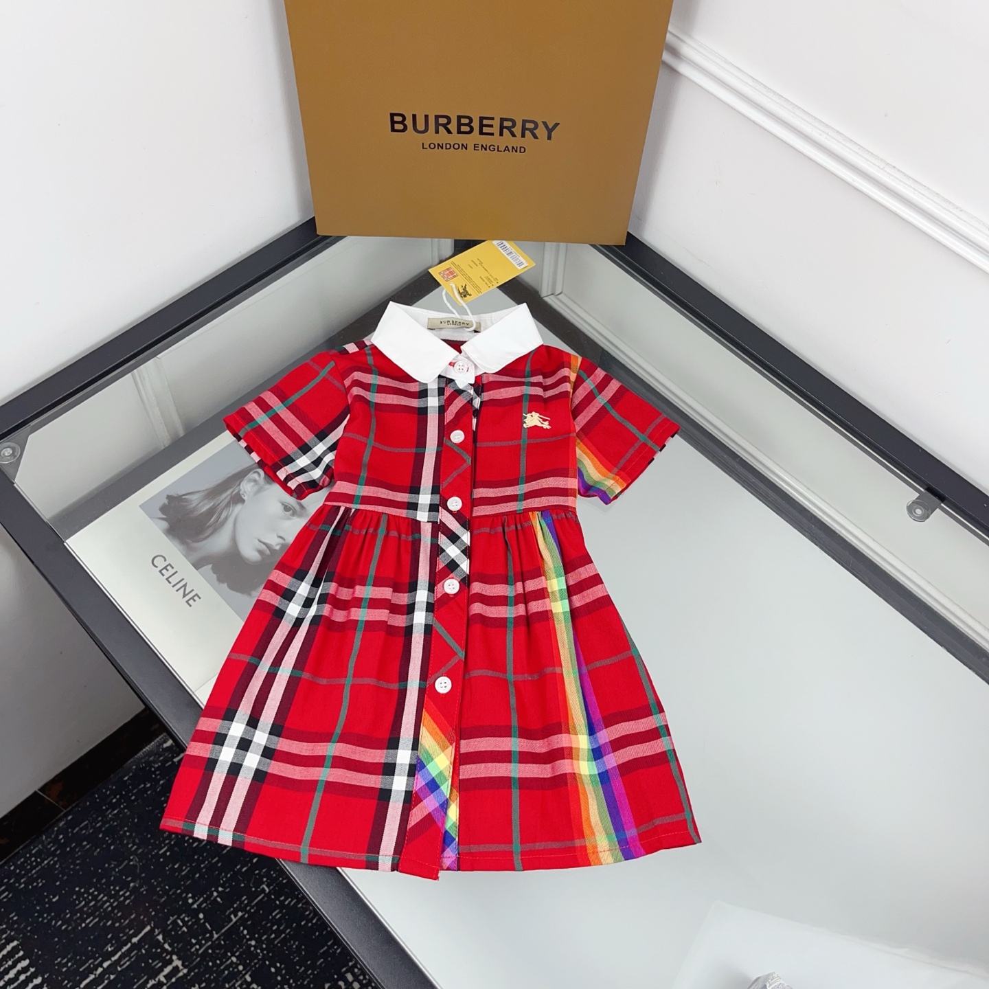 Burberry Girls Red Vintage Plaid Rainbow Ribbon Short Sleeve Shirt Collar Dress Kids Sizes 90-130