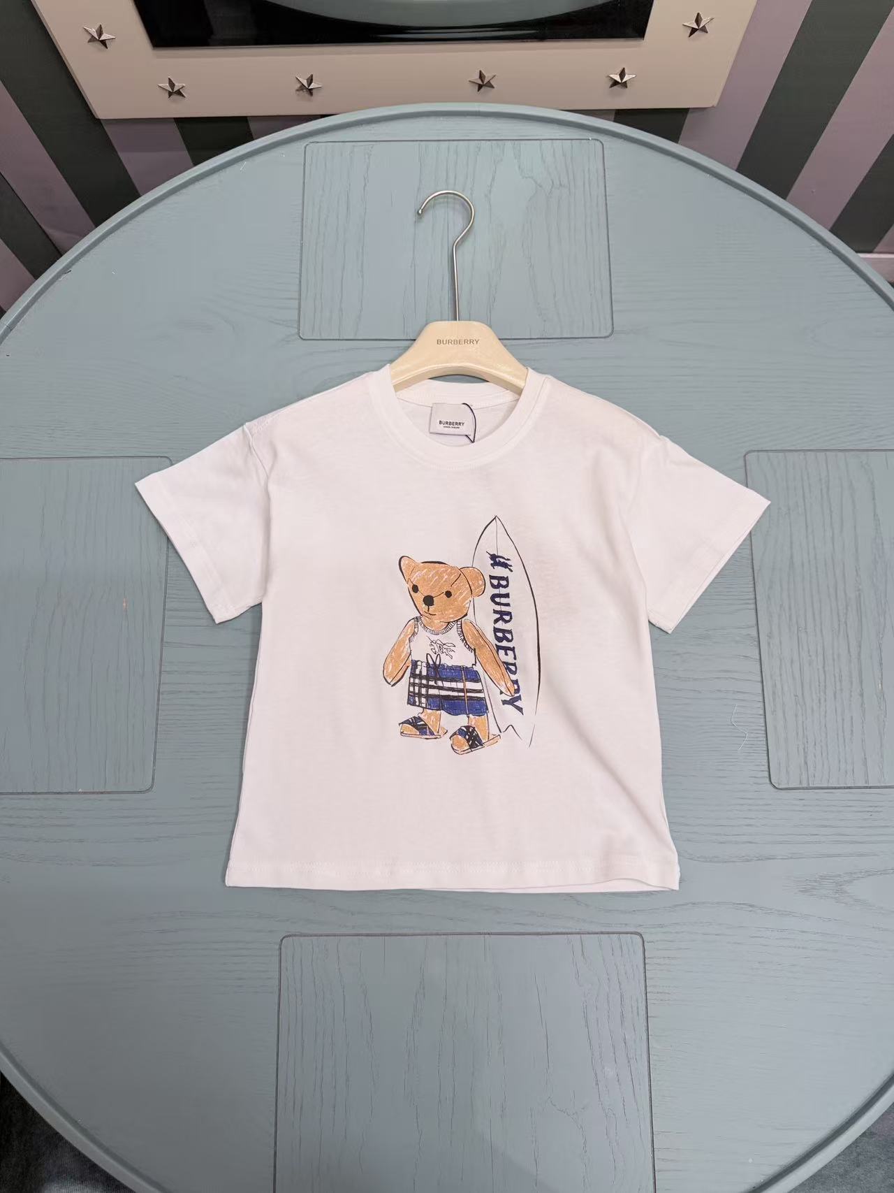 Burberry Unisex Kids White Surfing Teddy Bear Print Short Sleeve Crew Neck T Shirt Boys Girls Sizes 100-160