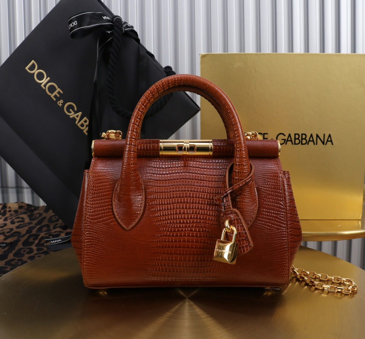 [TOP] Dolce & Gabbana D&G Marlene Bag Calfskin with Lizard Print 19x13.5x7cm - Brown - 711 Luxury