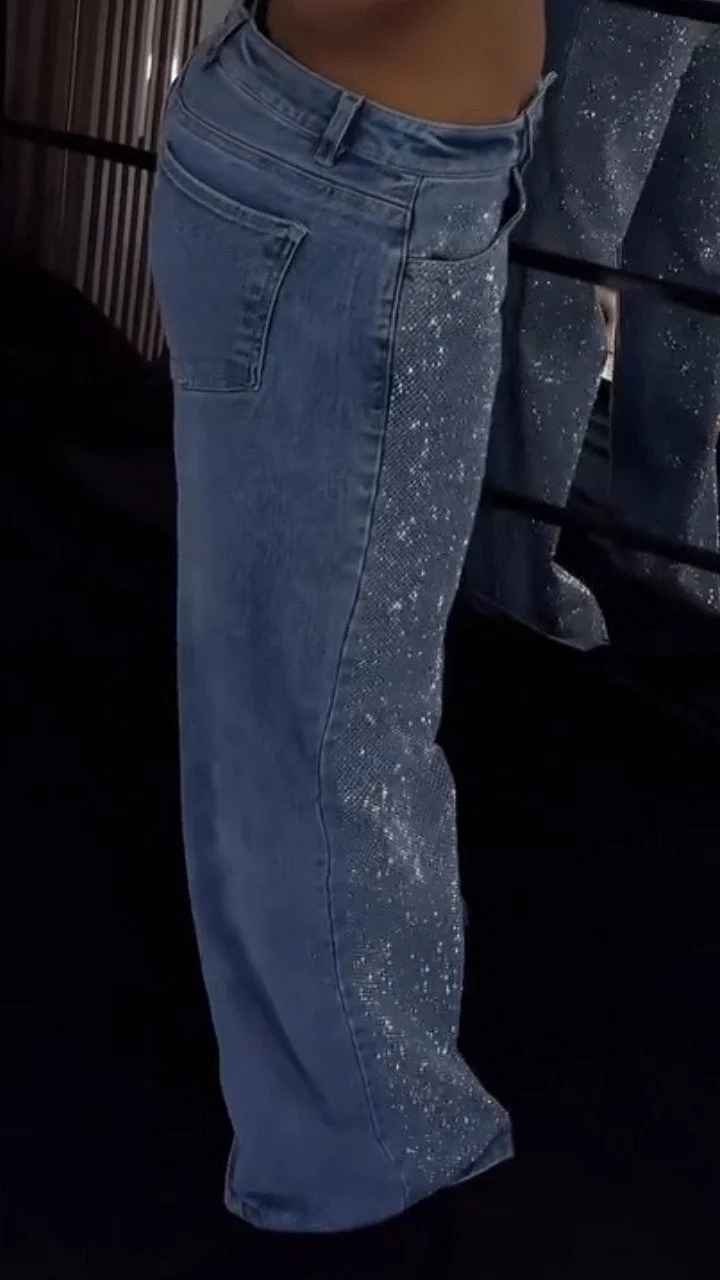 Women's Single-sided Rhinestone Wide-leg Casual Jeans