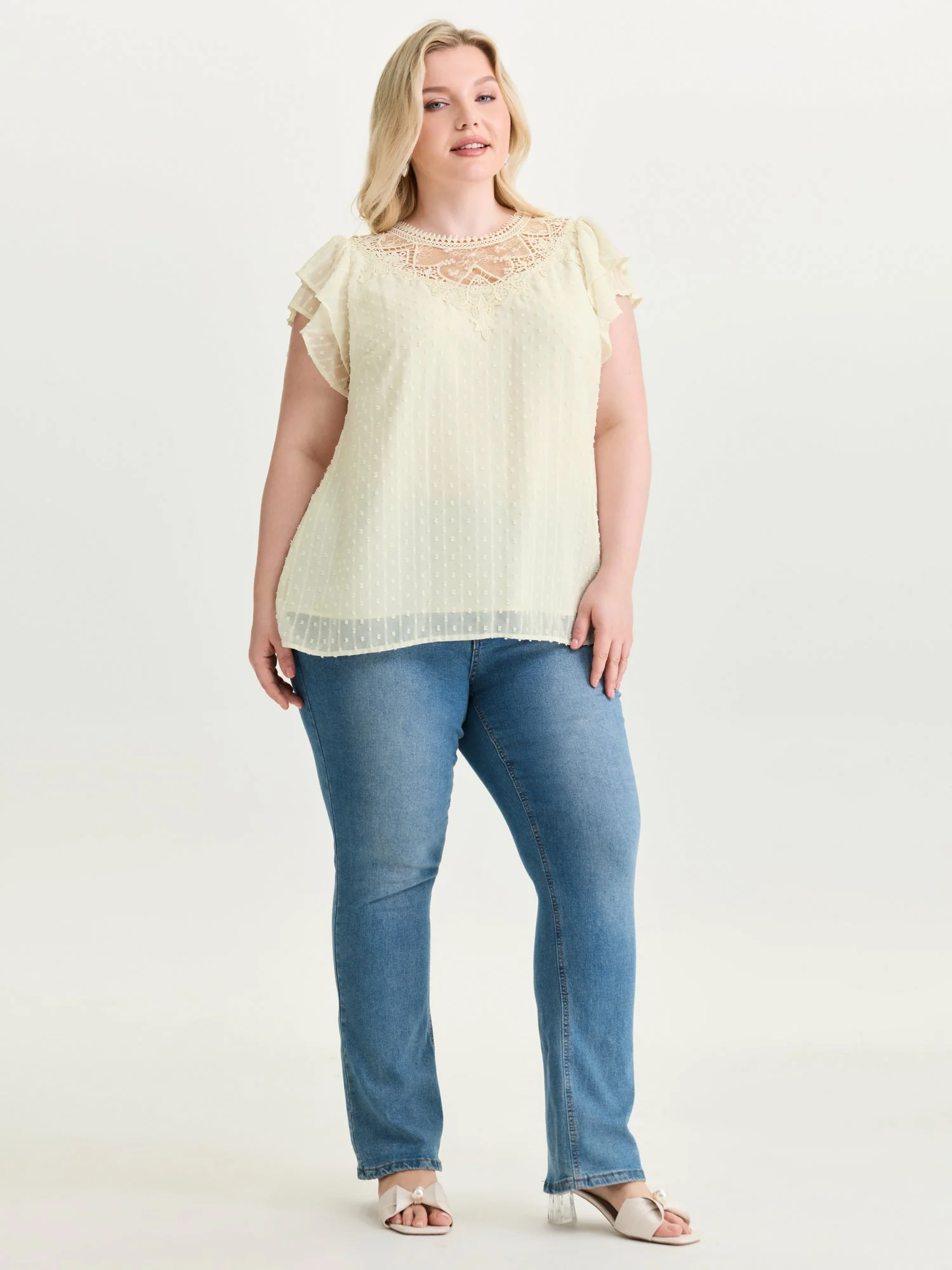 Sheer Lace Neckline Layered Sleeve Blouse