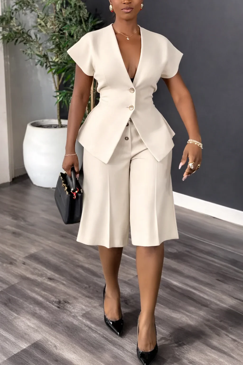 Womens V-neck Jacket+ Pants Casual Set with Temperament
