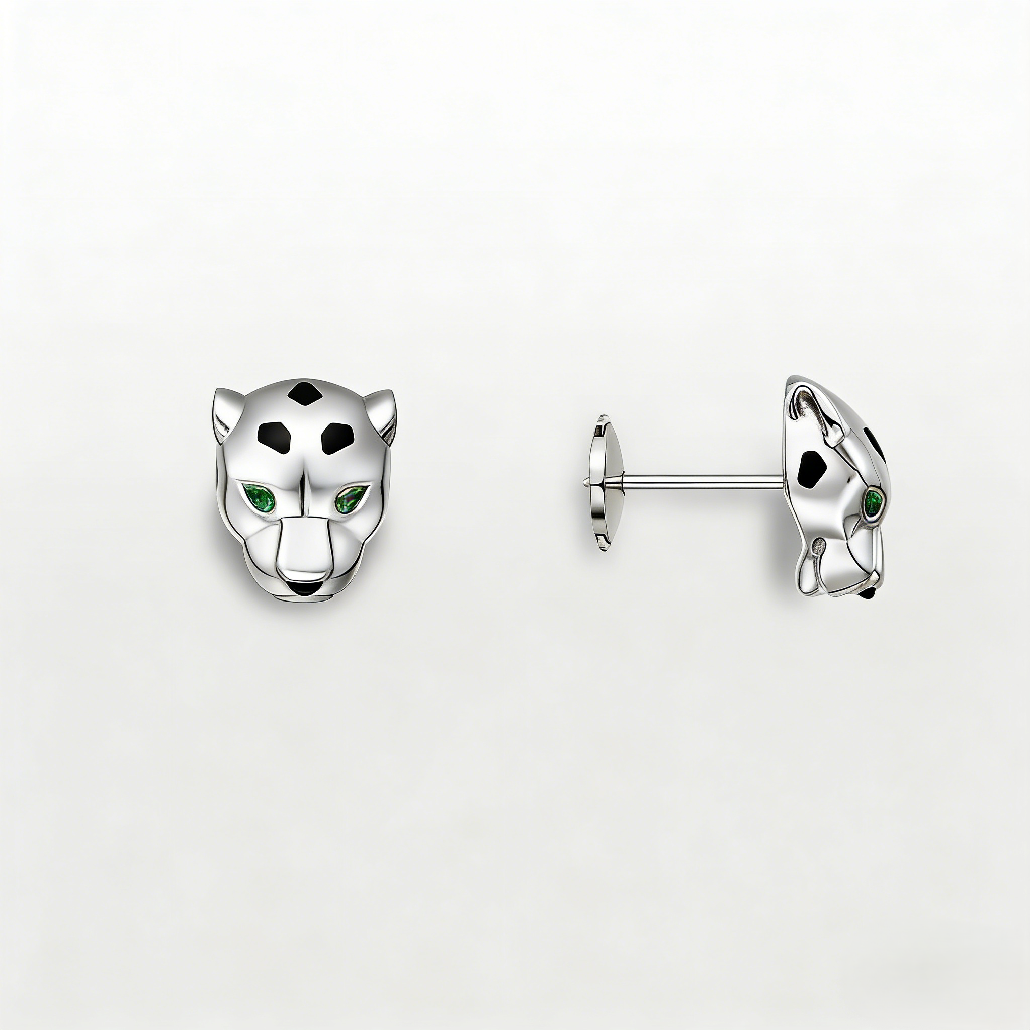 Carty Panther Motif Earrings, White Gold, Black lacquer