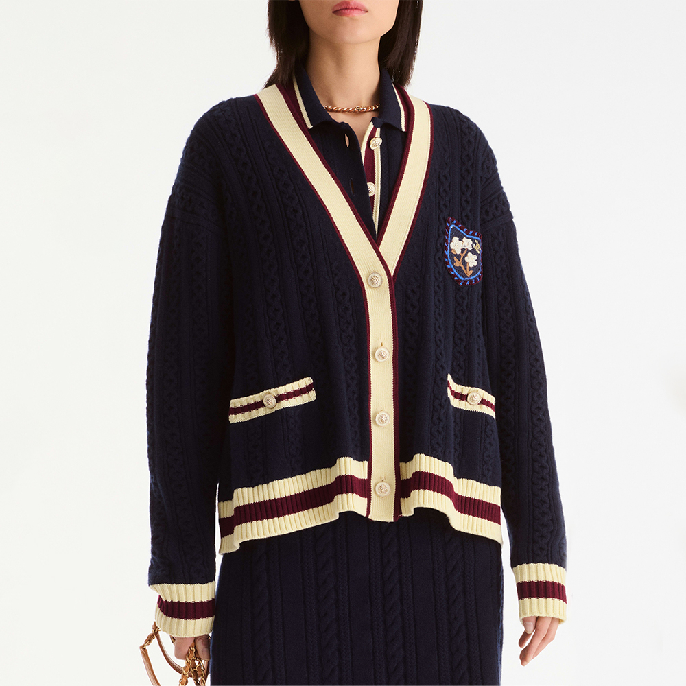 CHANEL Pullover Cashmere Cotton Navy Blue Light Yellow Burgundy#382833