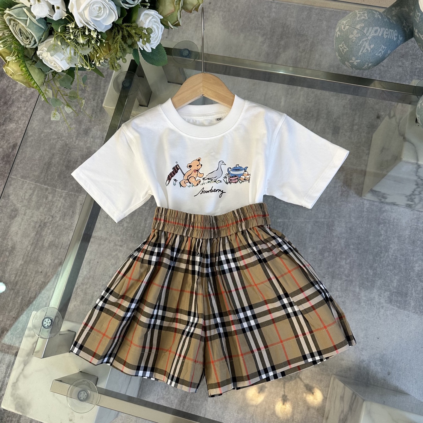 Burberry Unisex Kids Cartoon Bear Tea Party Print White Short Sleeve T-Shirt & Vintage Check Skort 2 Piece Summer Matching Set Boys Girls Sizes 100-160