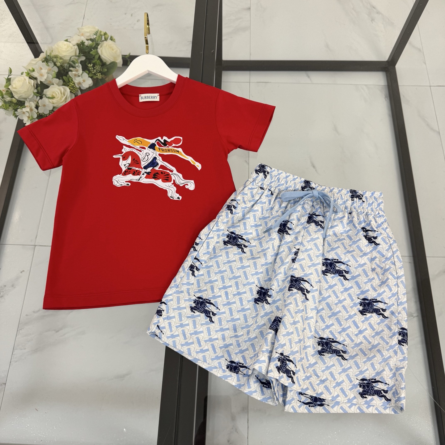Burberry Girls Pink Cartoon Bear Print Short Sleeve T-Shirt & Vintage Plaid Elastic Waist Pleated Skirt Two Piece Set Kids Sizes 100-160