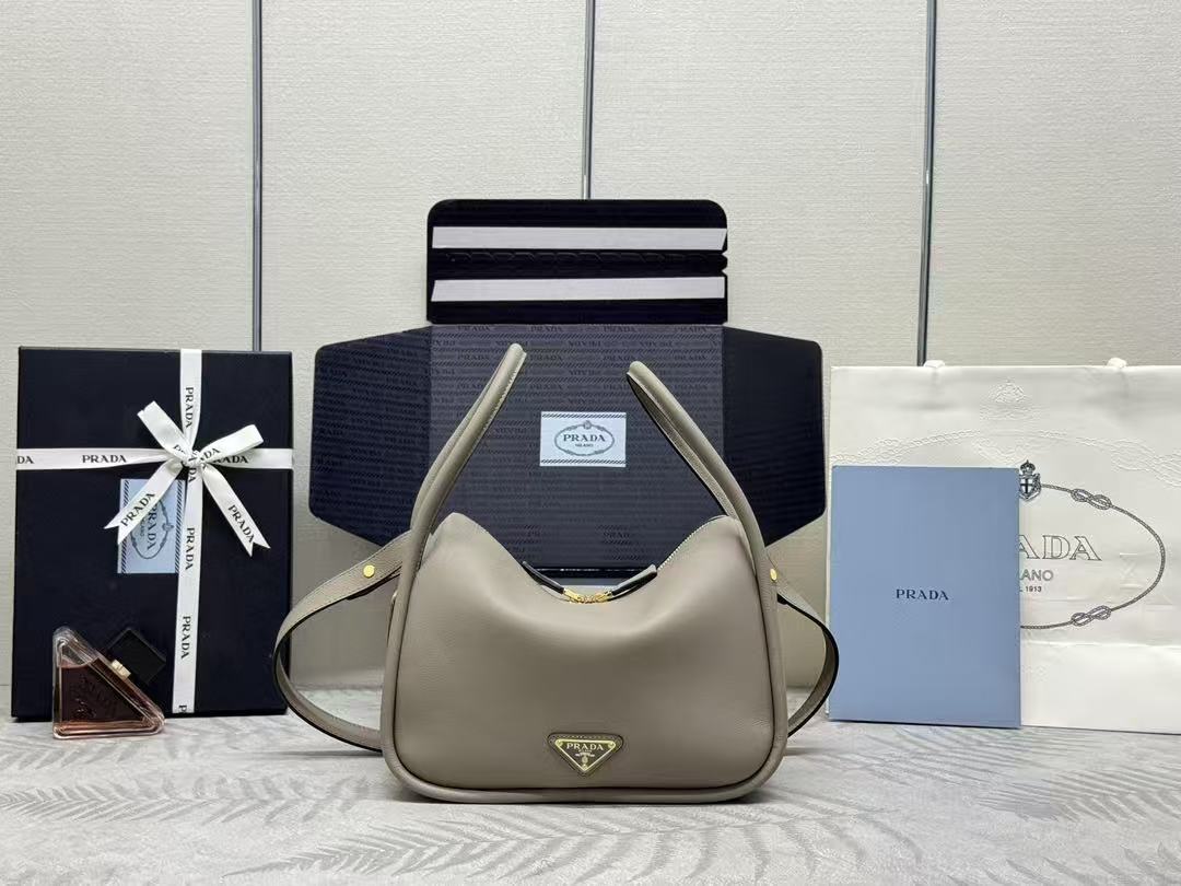 [Top] PRADA Lindy Bowling Bag Calfskin Bag 25*18*10.5cm - Grey - 711 Luxury