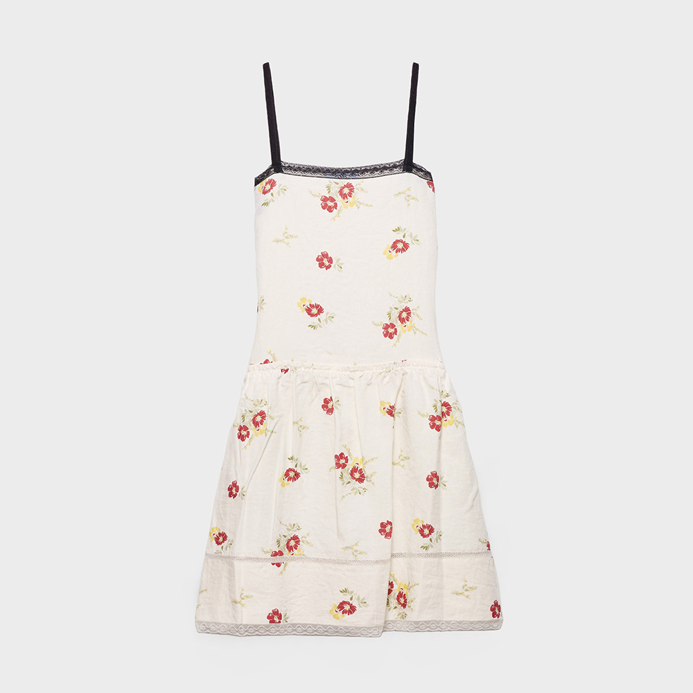 PRADA Ruby Red Embroidered Linen Mini-dress With Floral Motif #388656