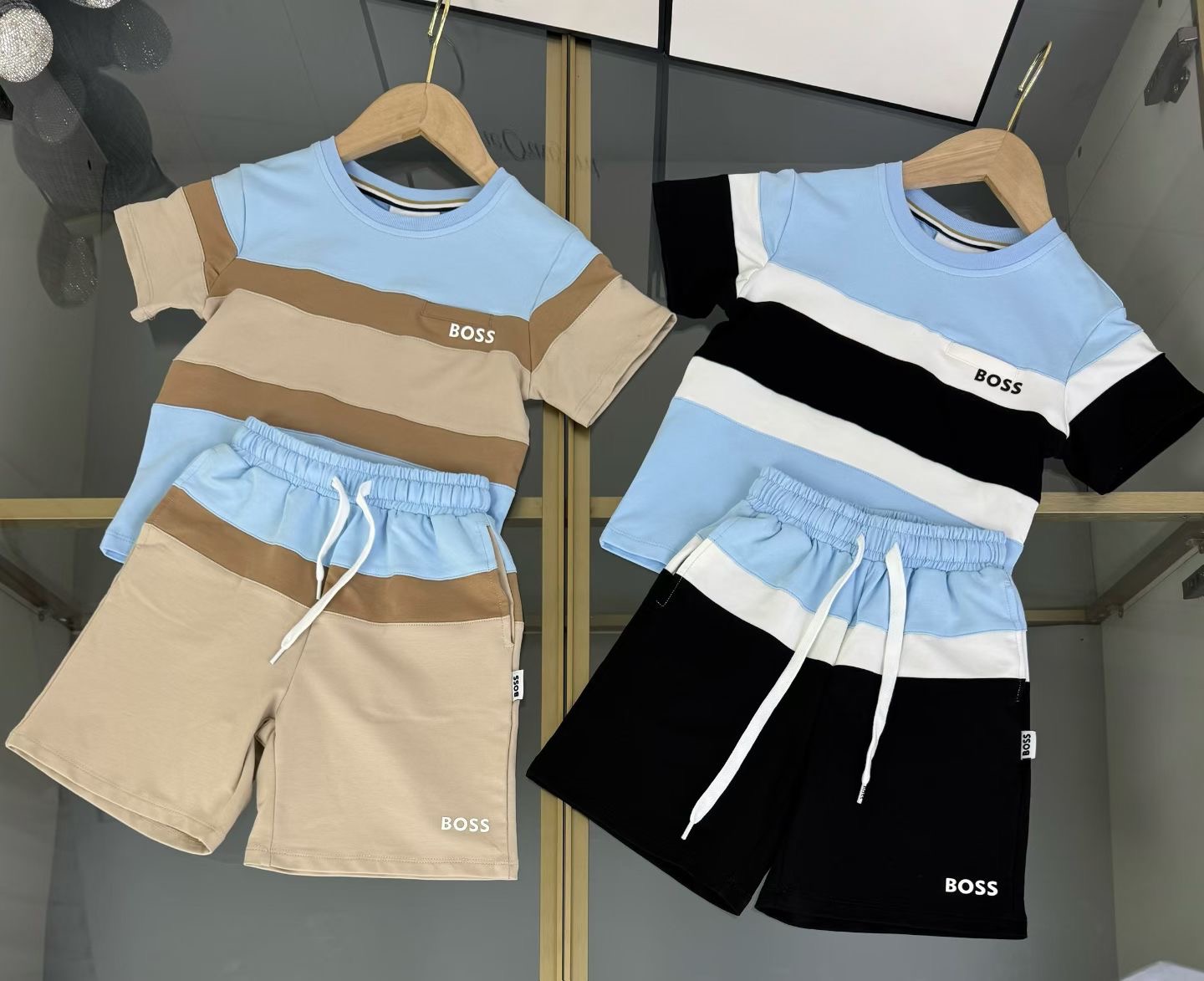Boss Unisex Kids Blue Brown Black Color Block Striped Short Sleeve T-Shirt & Matching Shorts Set Boys Girls Sizes 140-150