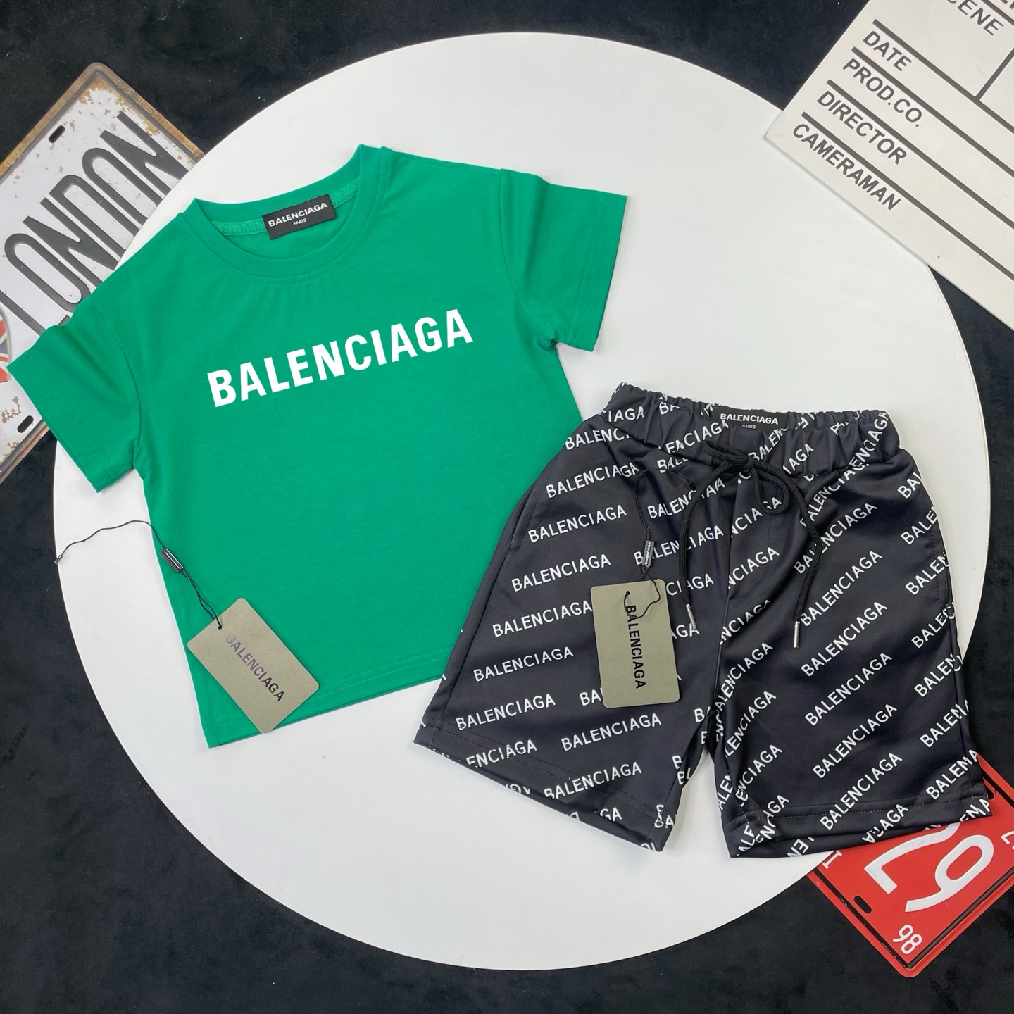 Balenciaga Unisex Kids Bright Green Solid White Letter Short Sleeve T-Shirt & Black All Over Letter Print Casual Shorts 2 Piece Set Boys Girls Sizes 90-150