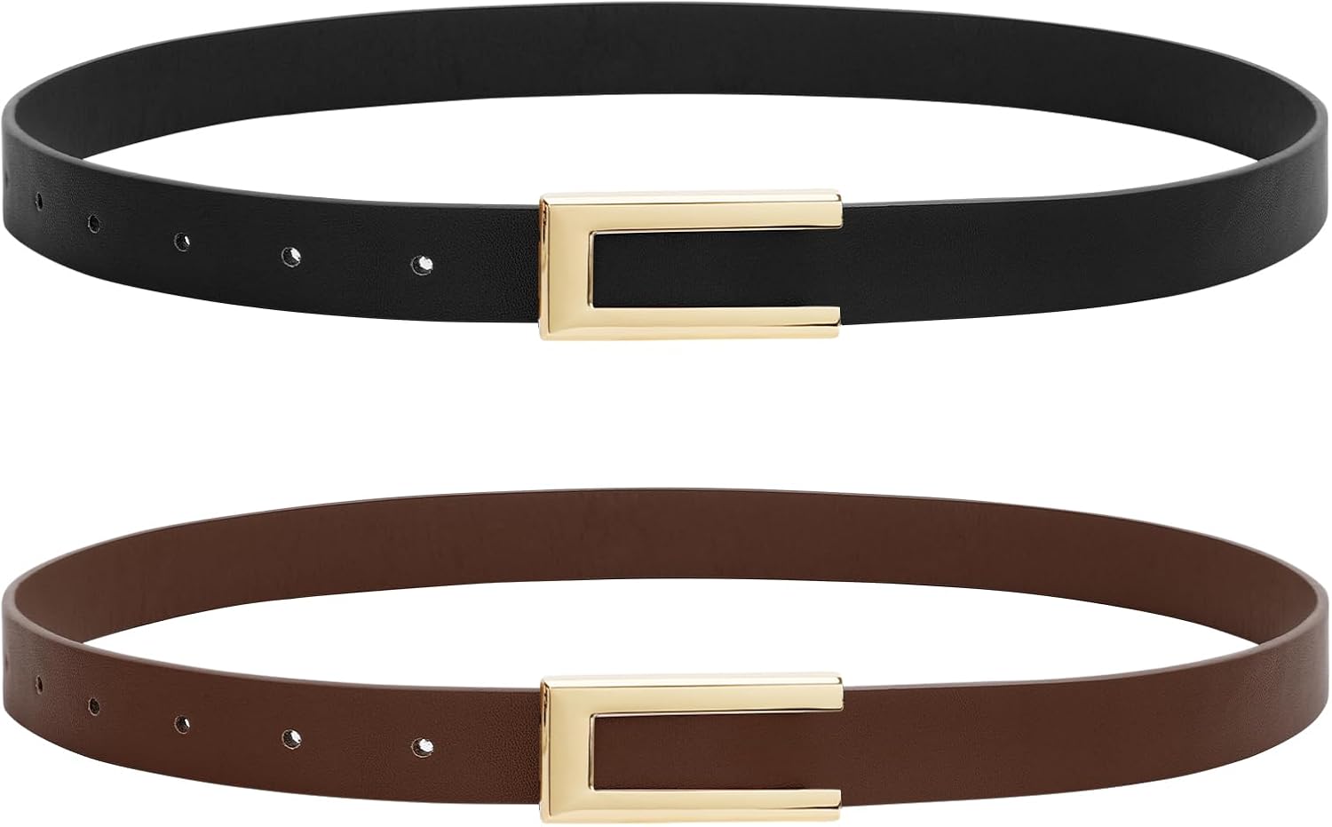 SANSTHS 2 Pack Skinny Leather Belts for Women, Ladies Thin Waist Belt for Dresses Jeans Pants with Gold Buckle