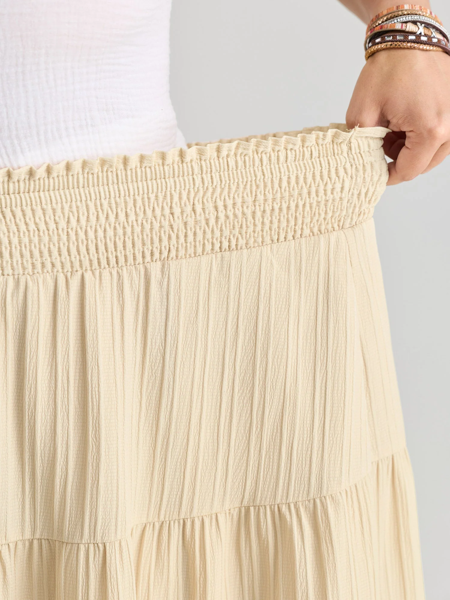 Shirred Wide Waistband Tiered Maxi Skirt